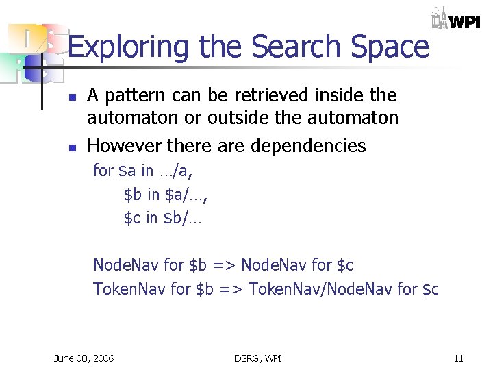 Exploring the Search Space n n A pattern can be retrieved inside the automaton Exploring the Search Space n n A pattern can be retrieved inside the automaton