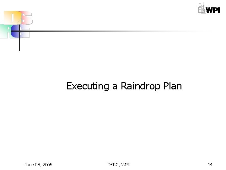 Executing a Raindrop Plan June 08, 2006 DSRG, WPI 14 Executing a Raindrop Plan June 08, 2006 DSRG, WPI 14
