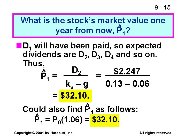 9 - 15 What is the stock’s market value one ^ year from now,