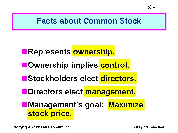 9 -2 Facts about Common Stock n Represents ownership. n Ownership implies control. n