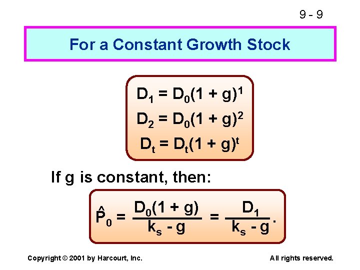 9 -9 For a Constant Growth Stock D 1 = D 0(1 + g)1