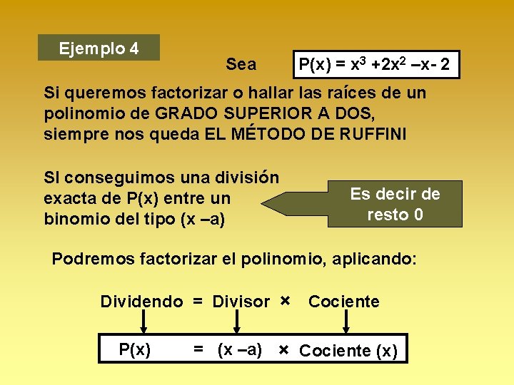 Ejemplo 4 Sea P(x) = x 3 +2 x 2 –x- 2 Si queremos