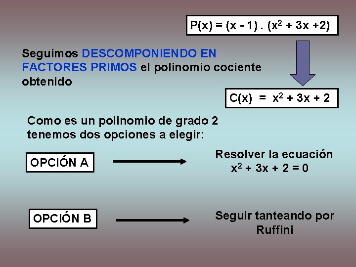 P(x) = (x - 1). (x 2 + 3 x +2) Seguimos DESCOMPONIENDO EN