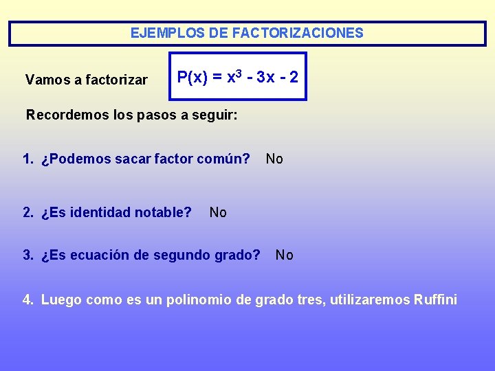 EJEMPLOS DE FACTORIZACIONES Vamos a factorizar P(x) = x 3 - 3 x -