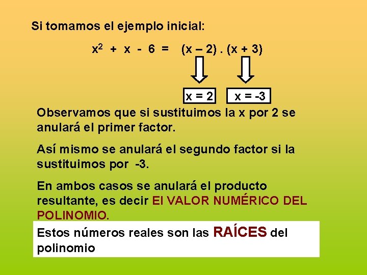 Si tomamos el ejemplo inicial: x 2 + x - 6 = (x –