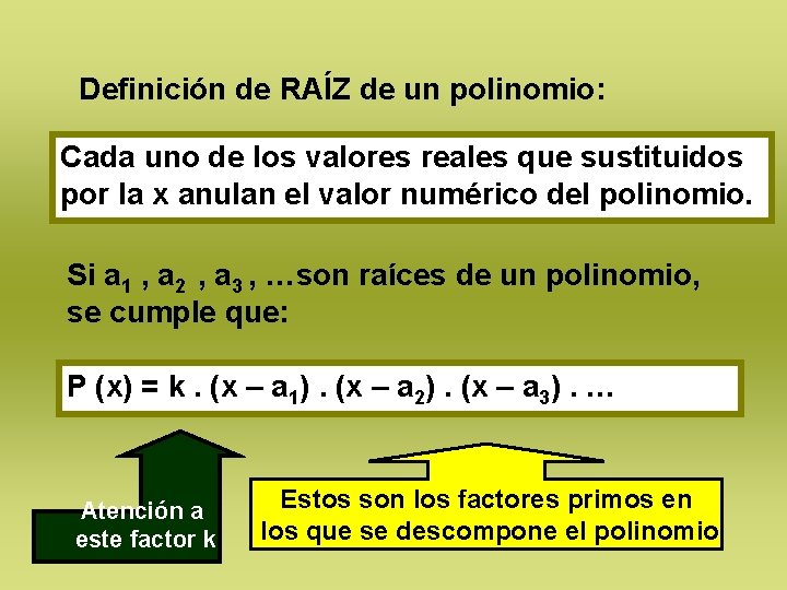 Definición de RAÍZ de un polinomio: Cada uno de los valores reales que sustituidos