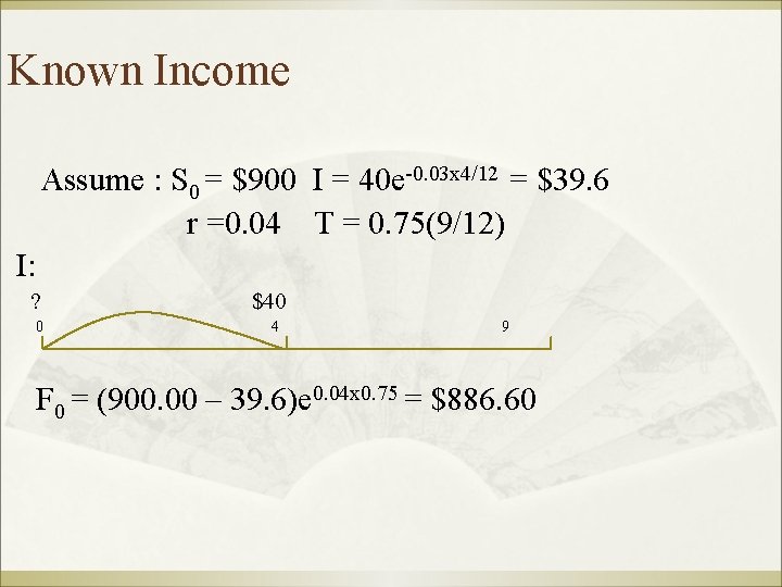 Known Income Assume : S 0 = $900 I = 40 e-0. 03 x