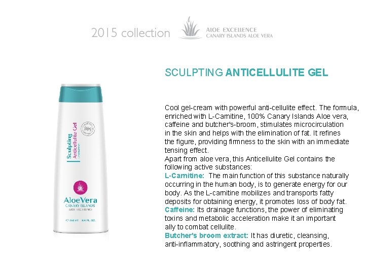 SCULPTING ANTICELLULITE GEL Cool gel-cream with powerful anti-cellulite effect. The formula, enriched with L-Carnitine,