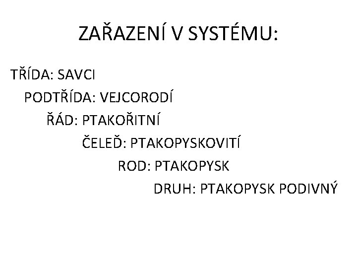 ZAŘAZENÍ V SYSTÉMU: TŘÍDA: SAVCI PODTŘÍDA: VEJCORODÍ ŘÁD: PTAKOŘITNÍ ČELEĎ: PTAKOPYSKOVITÍ ROD: PTAKOPYSK DRUH: