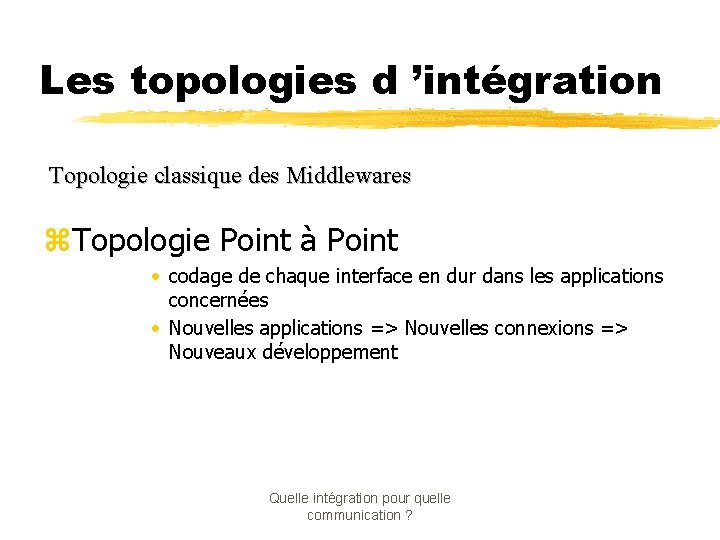 Les topologies d ’intégration Topologie classique des Middlewares z. Topologie Point à Point •