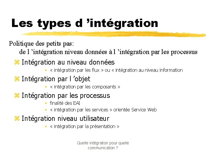 Les types d ’intégration Politique des petits pas: de l ’intégration niveau données à