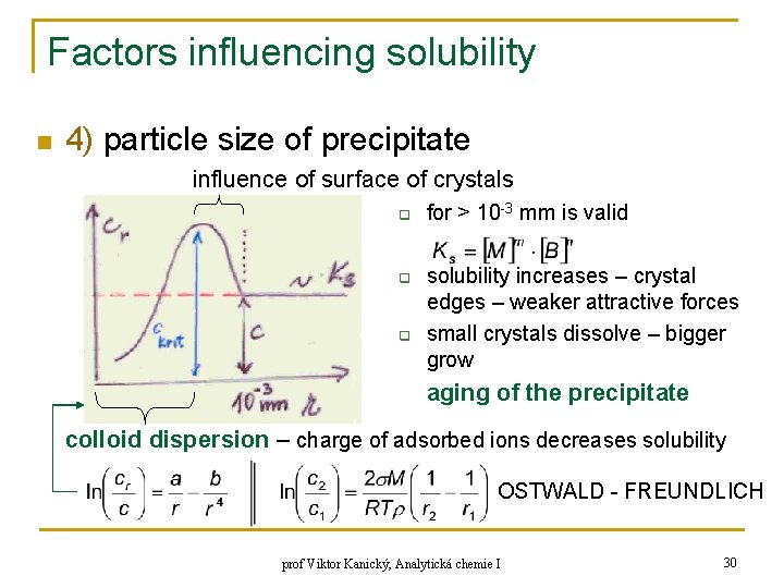 Factors influencing solubility n 4) particle size of precipitate influence of surface of crystals