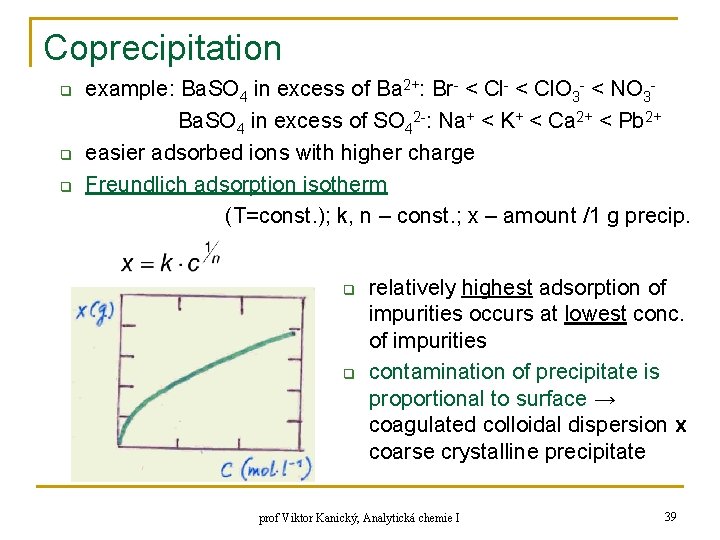 Coprecipitation q q q example: Ba. SO 4 in excess of Ba 2+: Br-