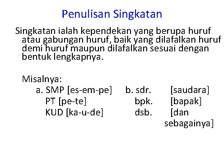 Penulisan Singkatan ialah kependekan yang berupa huruf atau gabungan huruf, baik yang dilafalkan huruf