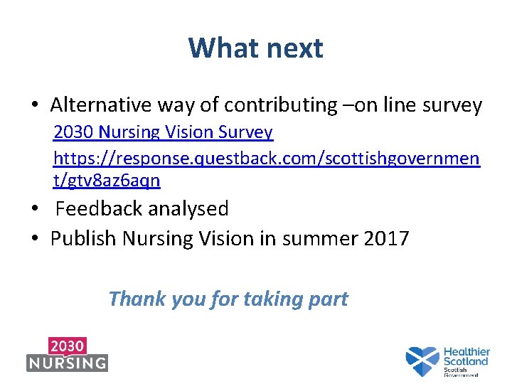 What next • Alternative way of contributing –on line survey 2030 Nursing Vision Survey