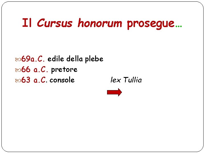 Il Cursus honorum prosegue… 69 a. C. edile della plebe 66 a. C. pretore