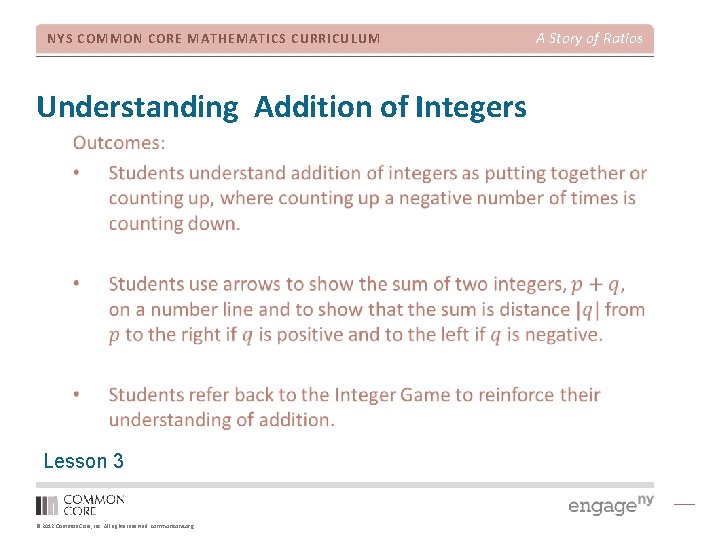 NYS COMMON CORE MATHEMATICS CURRICULUM Understanding Addition of Integers Lesson 3 © 2012 Common