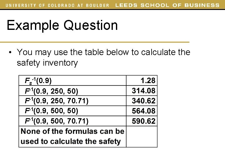 Example Question • You may use the table below to calculate the safety inventory