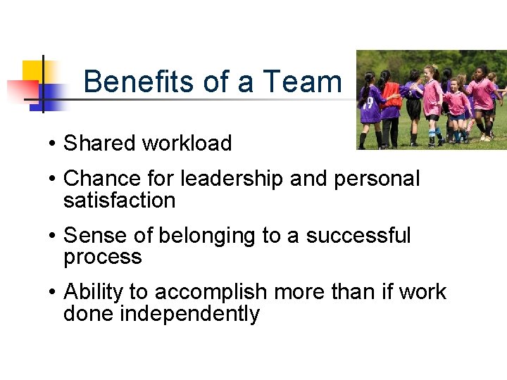 Benefits of a Team • Shared workload • Chance for leadership and personal satisfaction