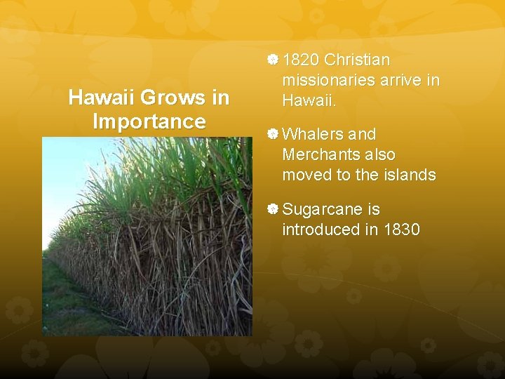  1820 Christian Hawaii Grows in Importance missionaries arrive in Hawaii. Whalers and Merchants