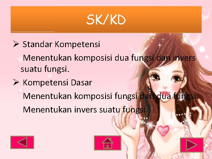 SK/KD Ø Standar Kompetensi Menentukan komposisi dua fungsi dan invers suatu fungsi. Ø Kompetensi