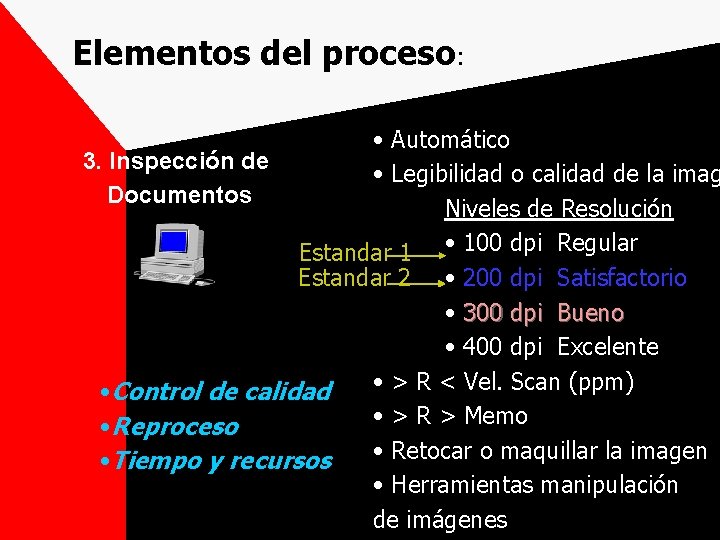 Elementos del proceso: • Automático 3. Inspección de • Legibilidad o calidad de la