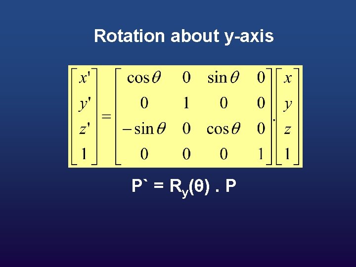 Rotation about y-axis P` = Ry(θ). P 