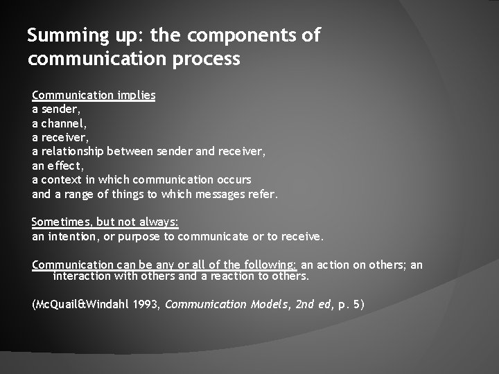Summing up: the components of communication process Communication implies a sender, a channel, a