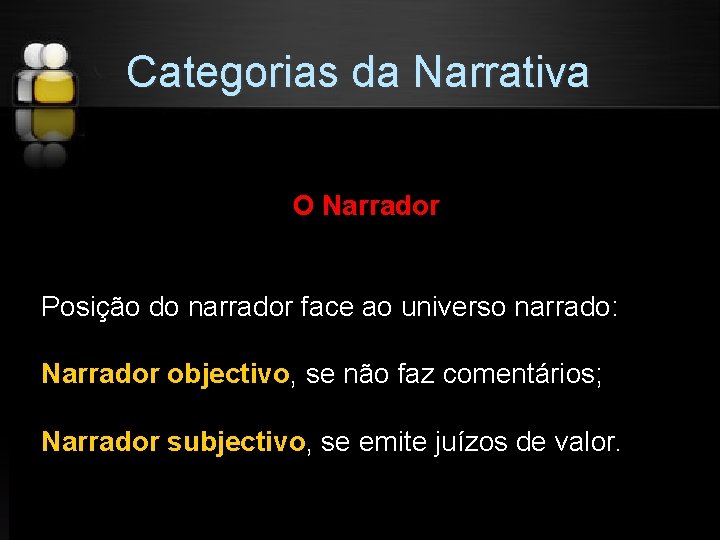 Categorias da Narrativa O Narrador Posição do narrador face ao universo narrado: Narrador objectivo,