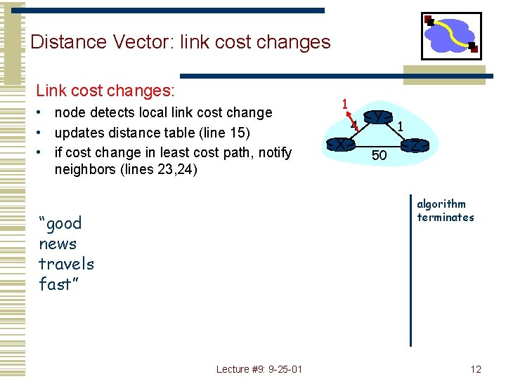 Distance Vector: link cost changes Link cost changes: • node detects local link cost