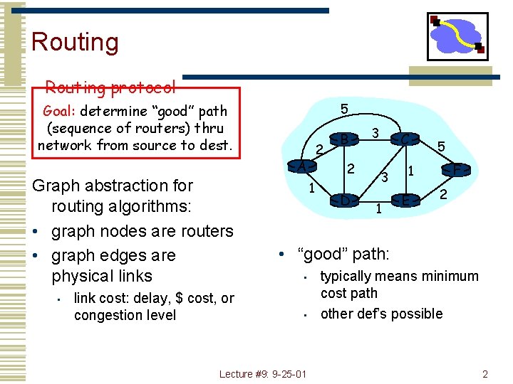 Routing protocol 5 Goal: determine “good” path (sequence of routers) thru network from source Routing protocol 5 Goal: determine “good” path (sequence of routers) thru network from source
