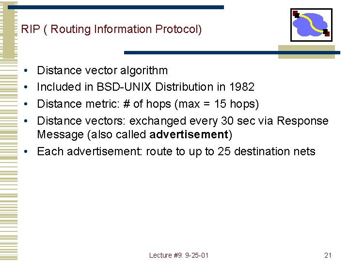 RIP ( Routing Information Protocol) • • Distance vector algorithm Included in BSD-UNIX Distribution