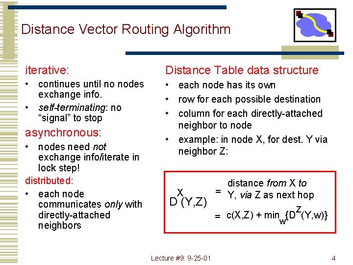 Distance Vector Routing Algorithm iterative: Distance Table data structure • continues until no nodes