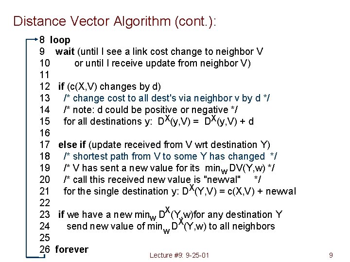 Distance Vector Algorithm (cont. ): 8 loop 9 wait (until I see a link