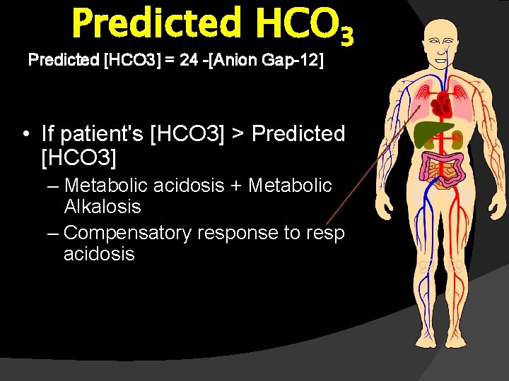 Predicted HCO 3 Predicted [HCO 3] = 24 -[Anion Gap-12] • If patient's [HCO