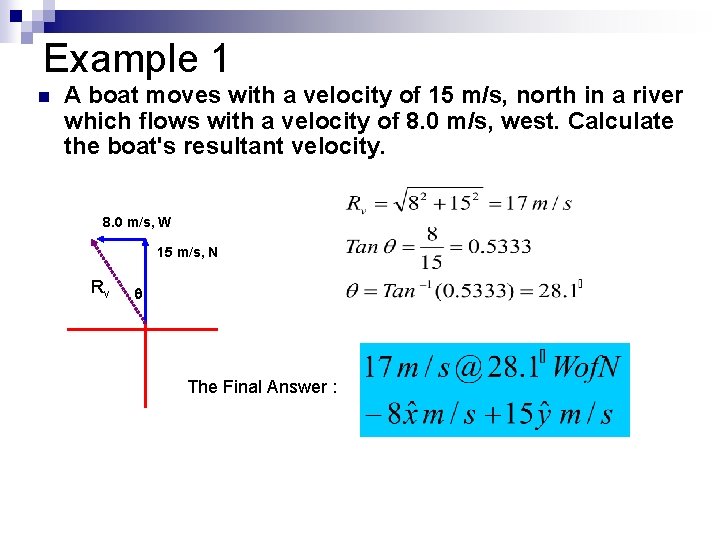 Example 1 n A boat moves with a velocity of 15 m/s, north in