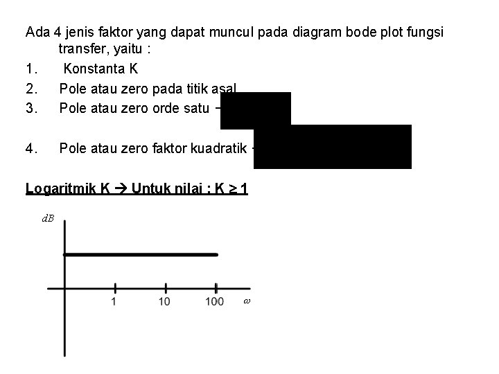 Ada 4 jenis faktor yang dapat muncul pada diagram bode plot fungsi transfer, yaitu