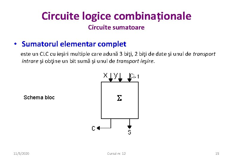 Circuite logice combinaționale Circuite sumatoare • Sumatorul elementar complet este un CLC cu ieşiri