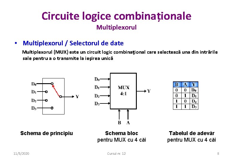 Circuite logice combinaționale Multiplexorul • Multiplexorul / Selectorul de date Multiplexorul (MUX) este un
