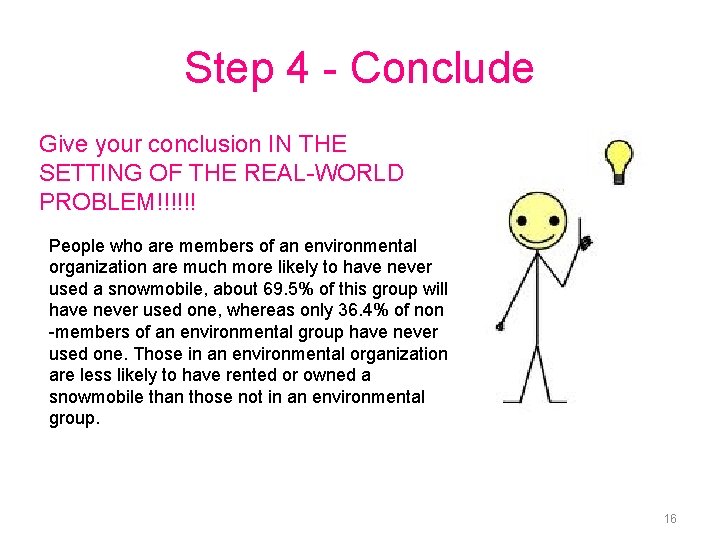 Step 4 - Conclude Give your conclusion IN THE SETTING OF THE REAL-WORLD PROBLEM!!!!!!