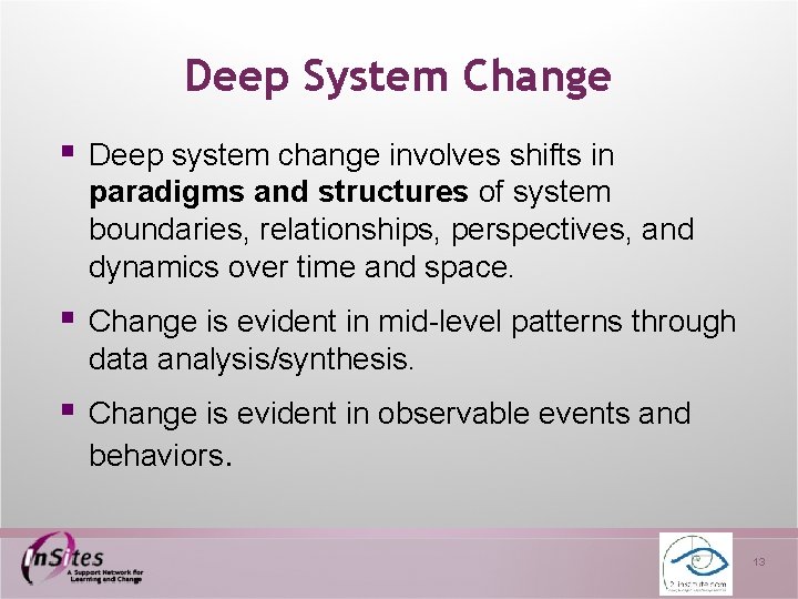 Deep System Change § Deep system change involves shifts in paradigms and structures of