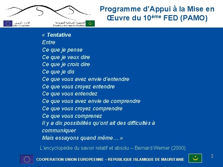 Programme d’Appui à la Mise en Œuvre du 10ème FED (PAMO) « Tentative Entre