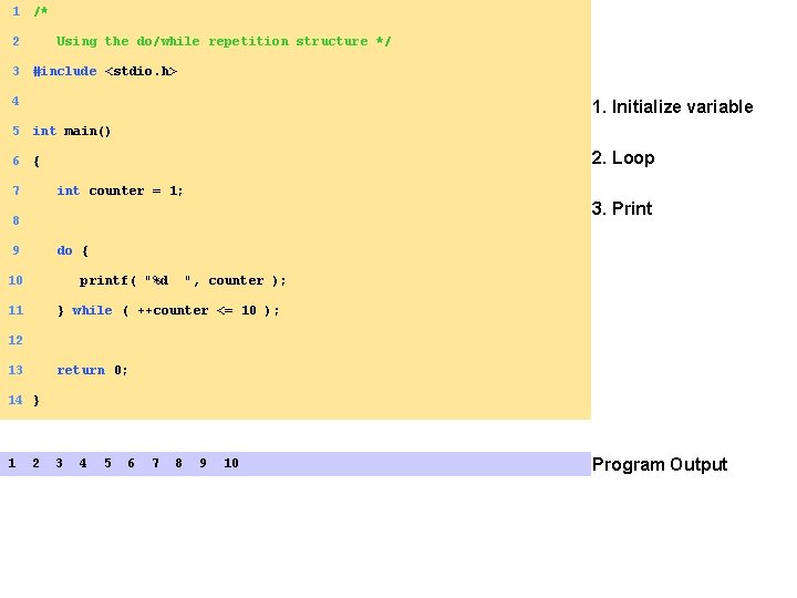 1 /* 2 Using the do/while repetition structure */ 3 #include <stdio. h> 4