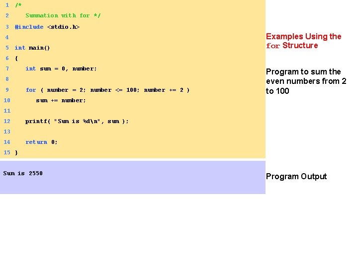 1 /* 2 Summation with for */ 3 #include <stdio. h> 4 5 int