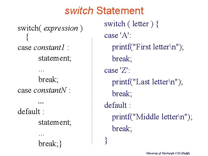 switch Statement switch( expression ) { case constant 1 : statement; . . .