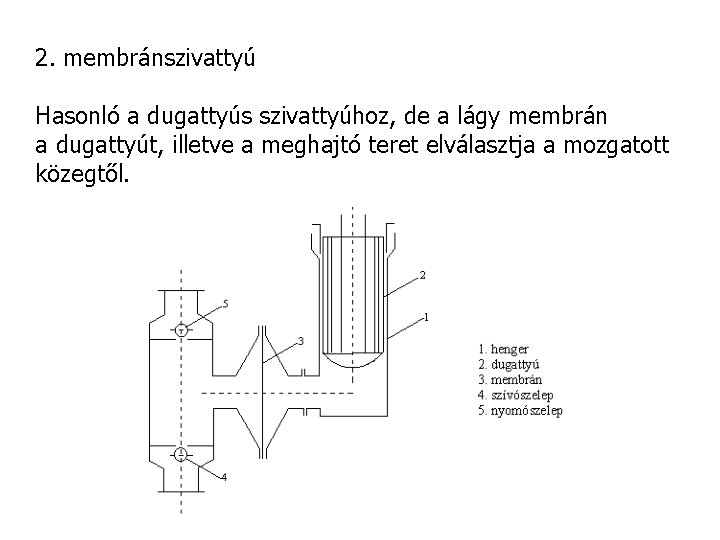 2. membránszivattyú Hasonló a dugattyús szivattyúhoz, de a lágy membrán a dugattyút, illetve a