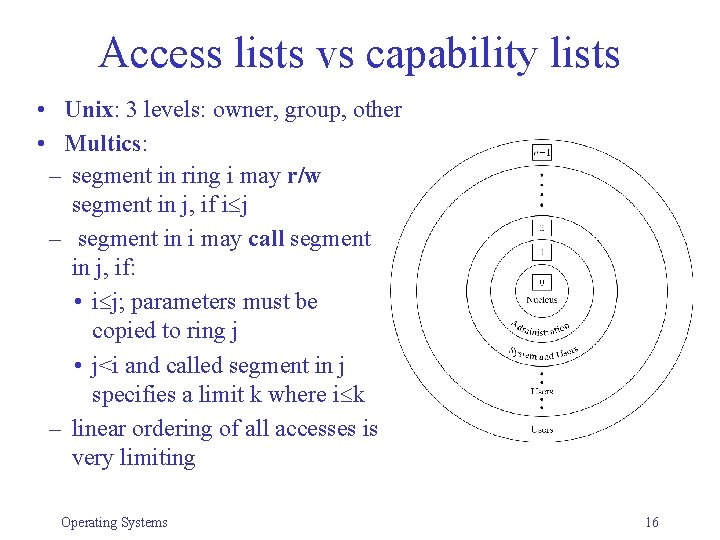 Access lists vs capability lists • Unix: 3 levels: owner, group, other • Multics: