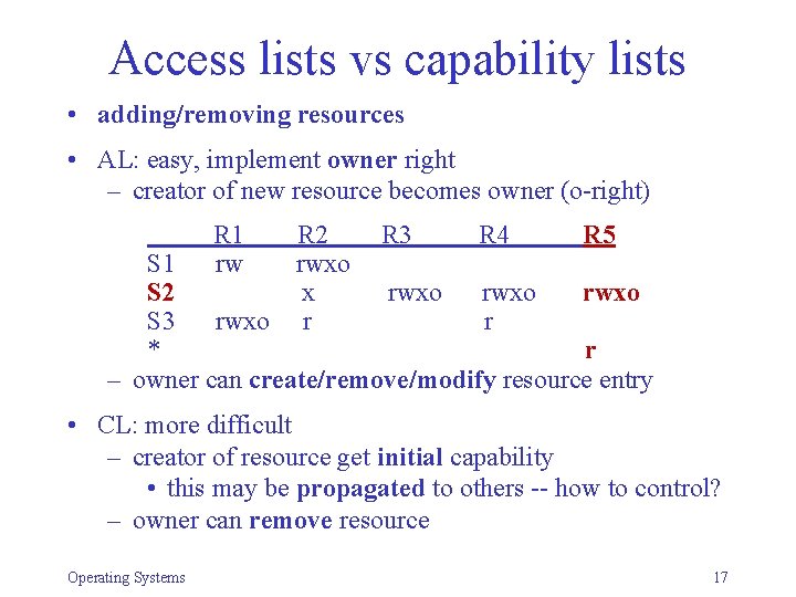 Access lists vs capability lists • adding/removing resources • AL: easy, implement owner right