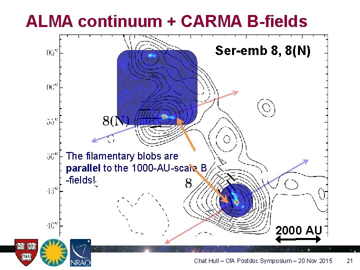 ALMA continuum + CARMA B-fields Ser-emb 8, 8(N) The filamentary blobs are parallel to