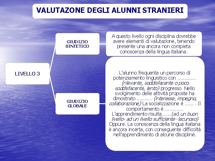 VALUTAZONE DEGLI ALUNNI STRANIERI GIUDIZIO SINTETICO A questo livello ogni disciplina dovrebbe avere elementi